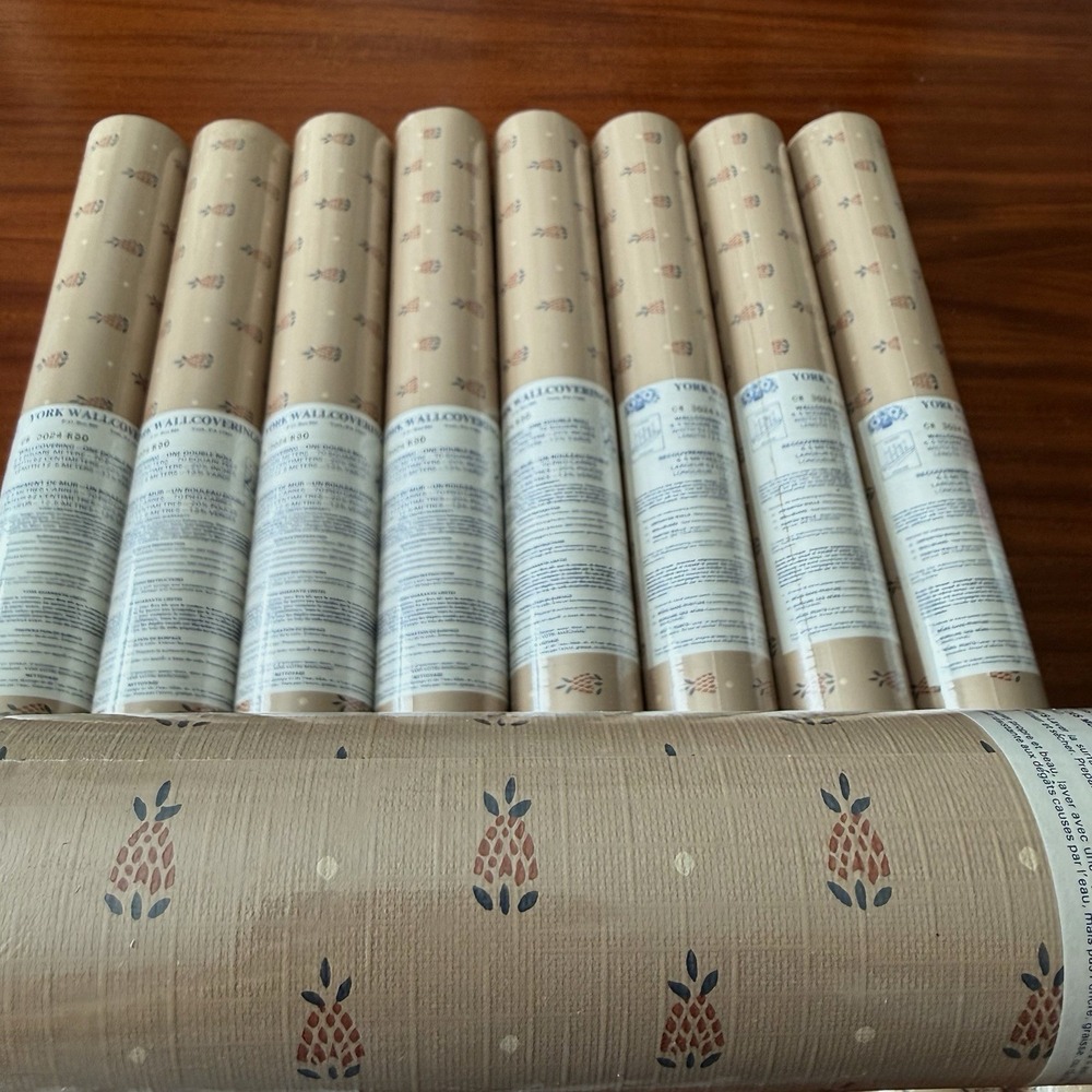 Lot of 9 York Vintage Wallpaper Pineapple Stencil Grasscloth Look 70 Sq Ft NOS